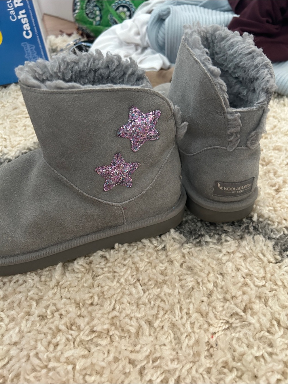Koolaburra Kids Gray Suede Boots with Pink Glitter Stars